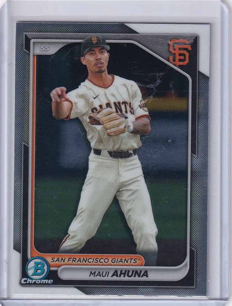 Baseball card of Maui Ahuna in throwing stance for San Francisco Giants Bowman Baseball