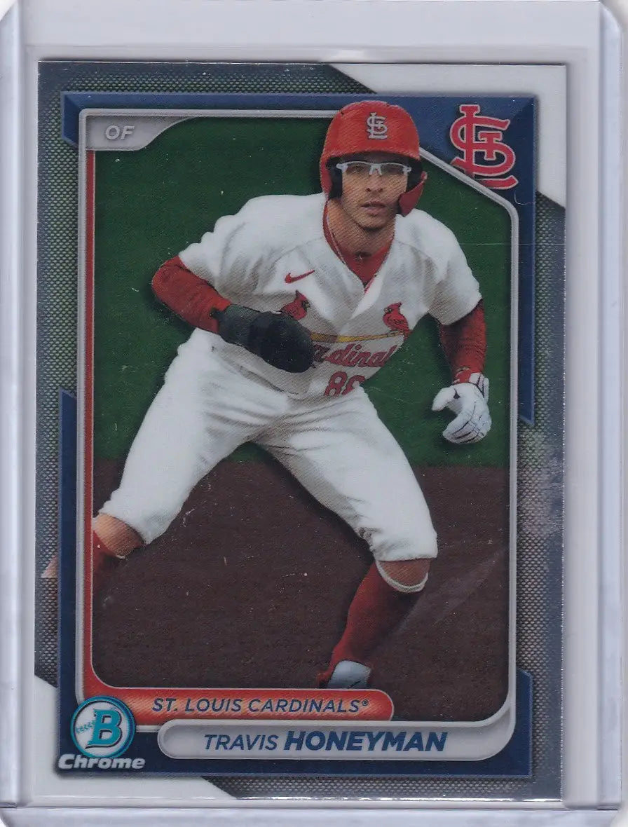 Baseball card of Travis Honeyman in batting stance, 2024 Bowman Baseball, St. Louis Cardinals