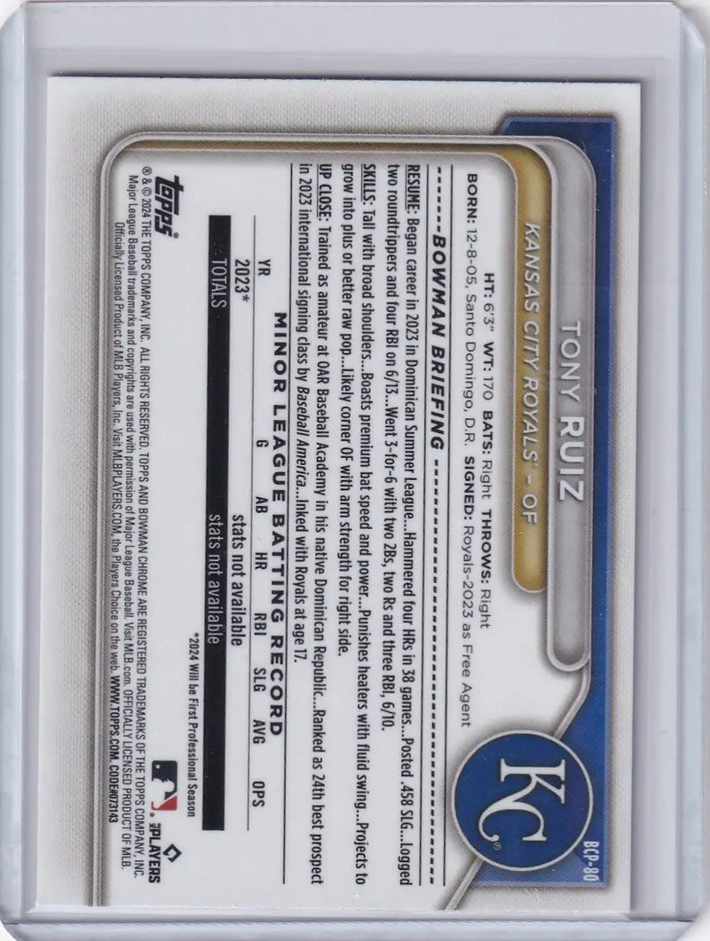 Back of 2024 Bowman Baseball card for Tony Ruiz featuring Kansas City Royals stats