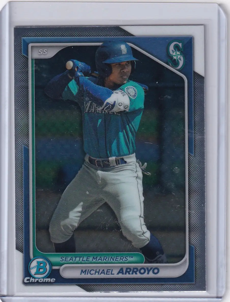 Baseball card of Michael Arroyo in teal jersey for Seattle Mariners Bowman Baseball
