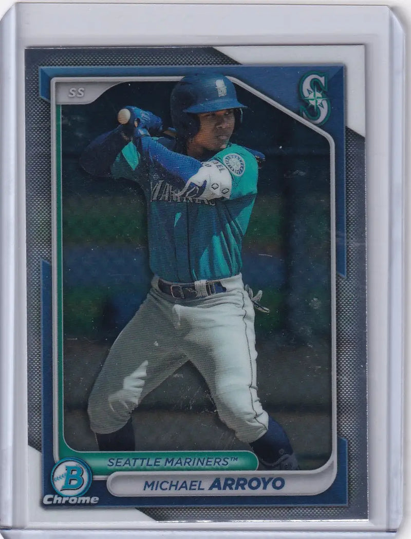 Baseball card of Michael Arroyo in teal jersey for Seattle Mariners Bowman Baseball