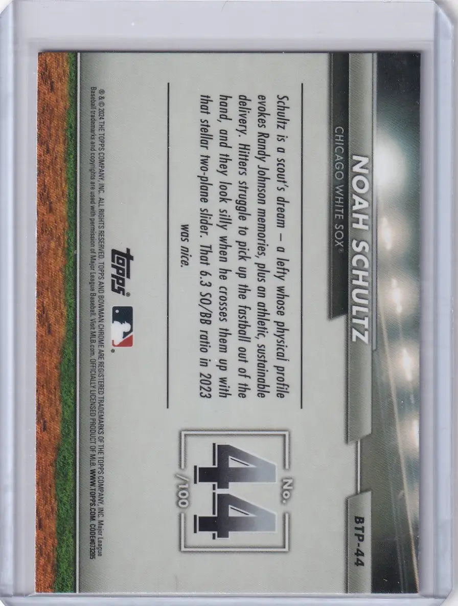 2024 Bowman Baseball card of Noah Schultz in clear protective case for Chicago White Sox