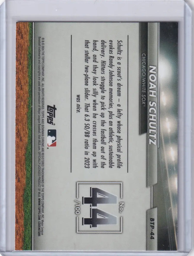 2024 Bowman Baseball card of Noah Schultz in clear protective case for Chicago White Sox