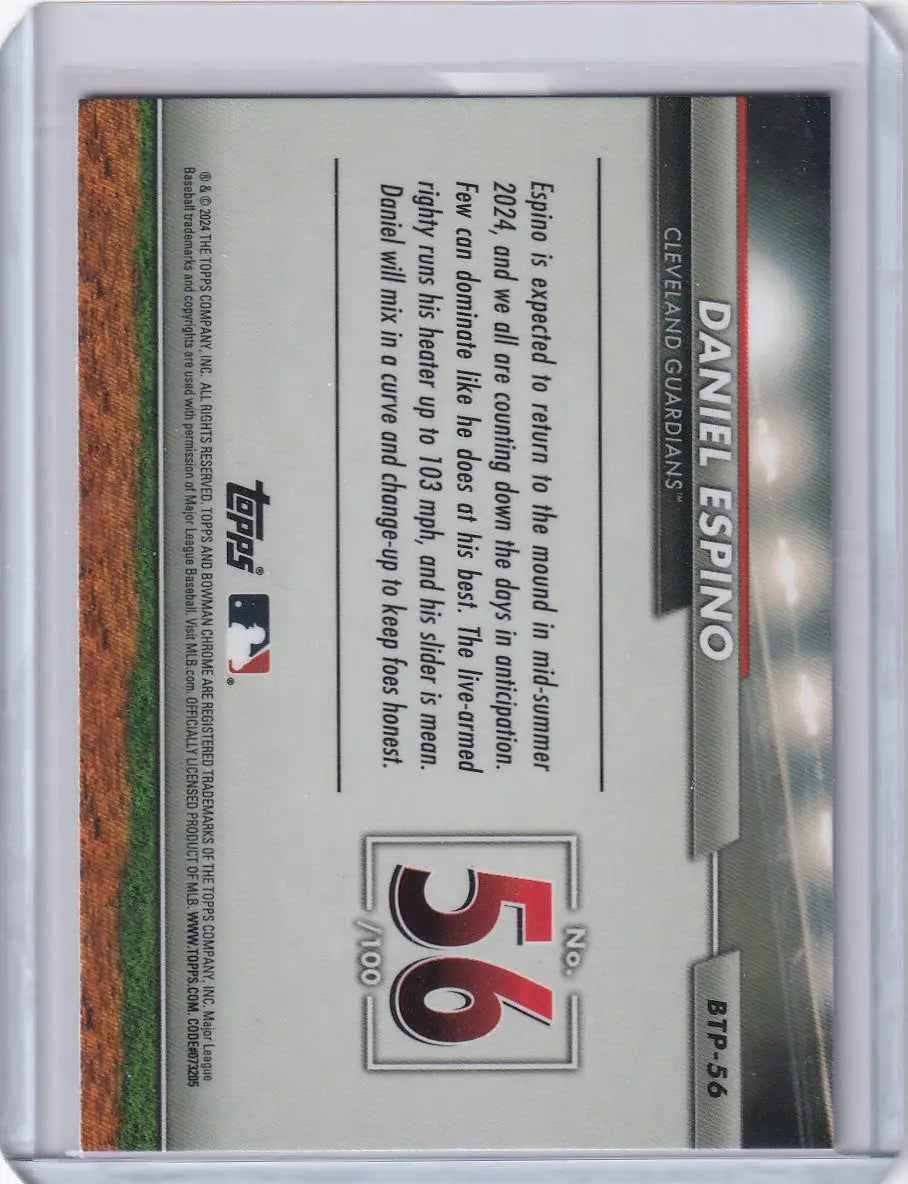 Baseball card for Daniel Espino, #56, Cleveland Guardians, from Bowman Baseball 2024