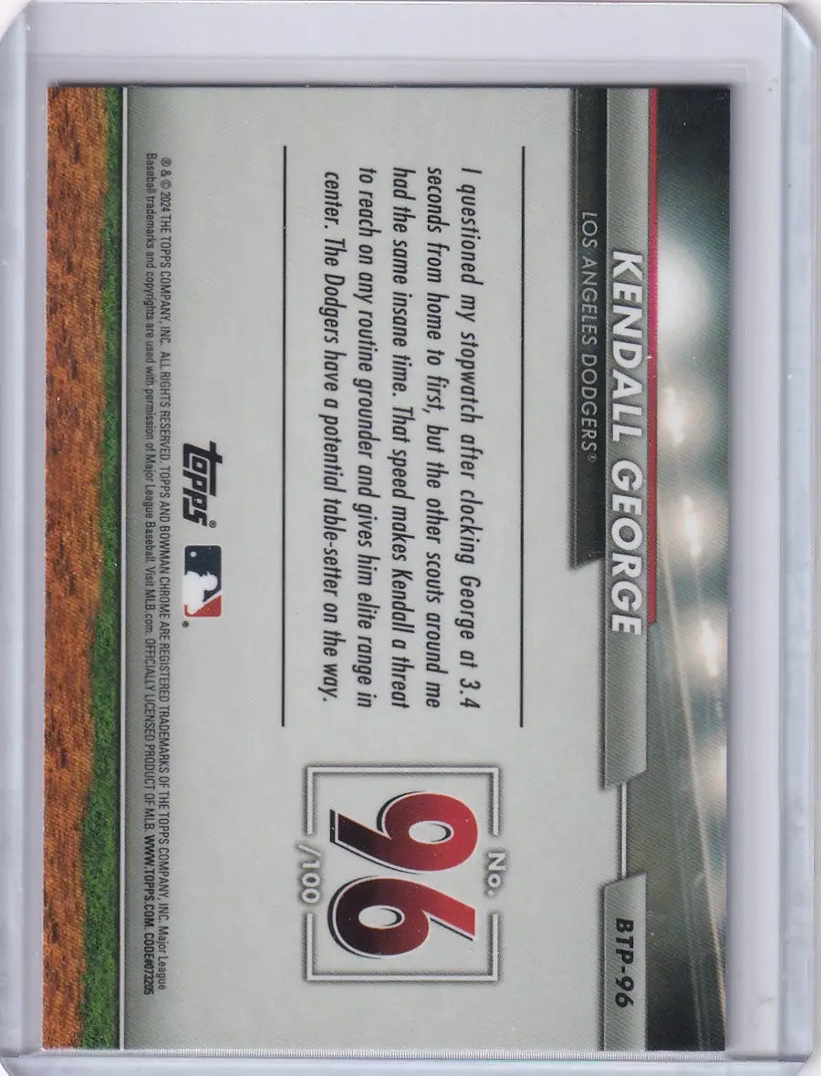 Baseball card featuring Kendall George 96 for Los Angeles Dodgers in Bowman Baseball set