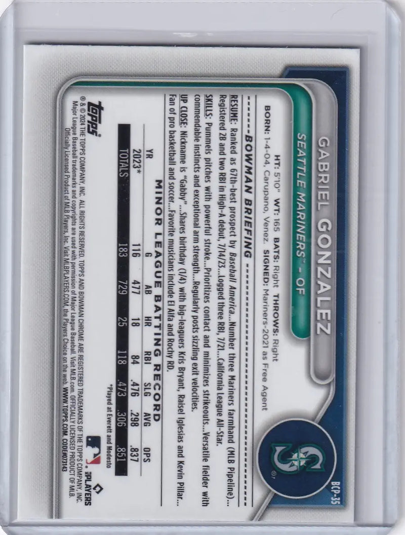 Baseball card featuring Seattle Mariners logo and stats from 2024 Bowman Baseball Lunar