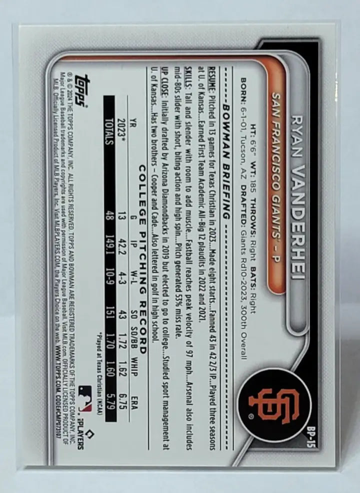 Ryan Vanderhei Bowman Baseball Card Green Parallel 2024 BP-15 for collectors