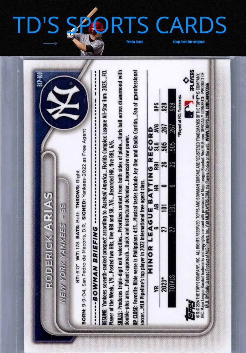 Roderick Arias Chrome prospects baseball card from 2024 Bowman BCP-100 Aria Chrome Prospects