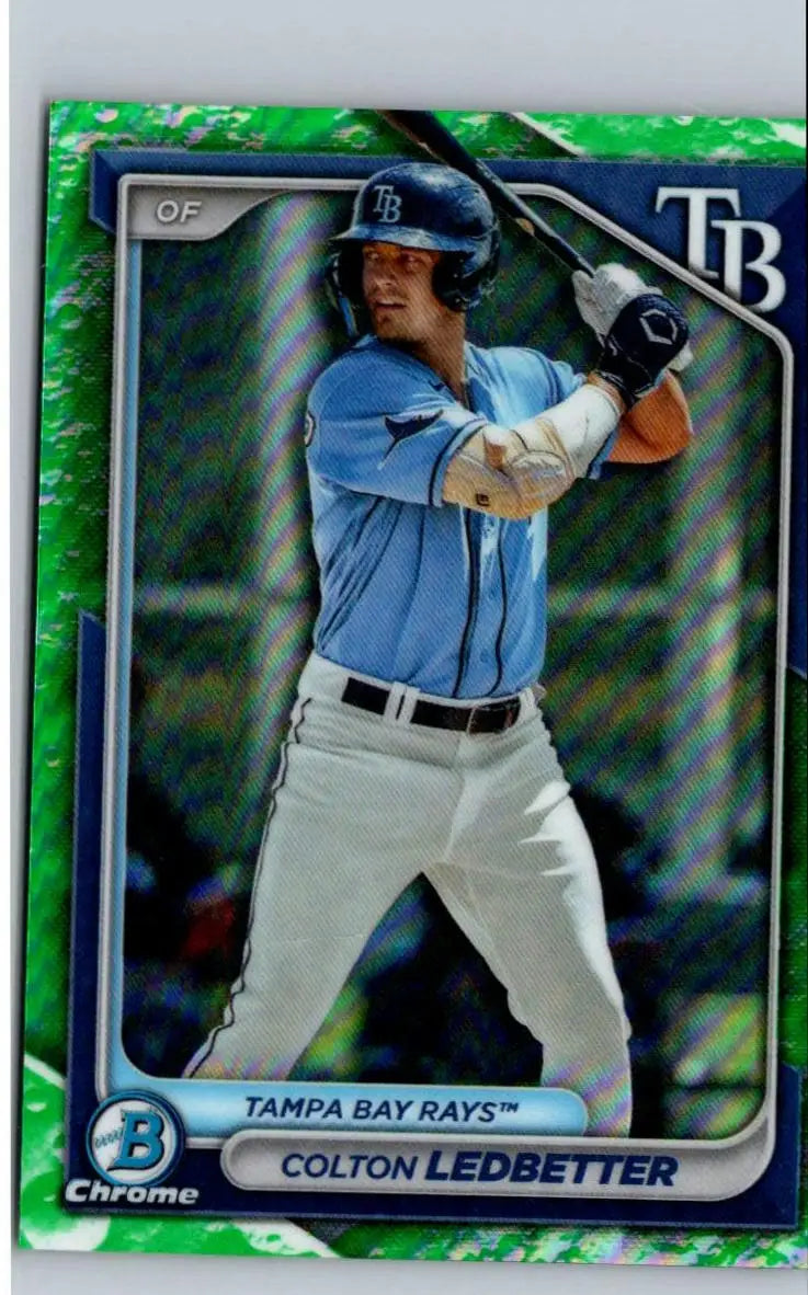 Baseball card featuring Colton Ledbetter Chrome prospects from 2024 Bowman Lava Refractors