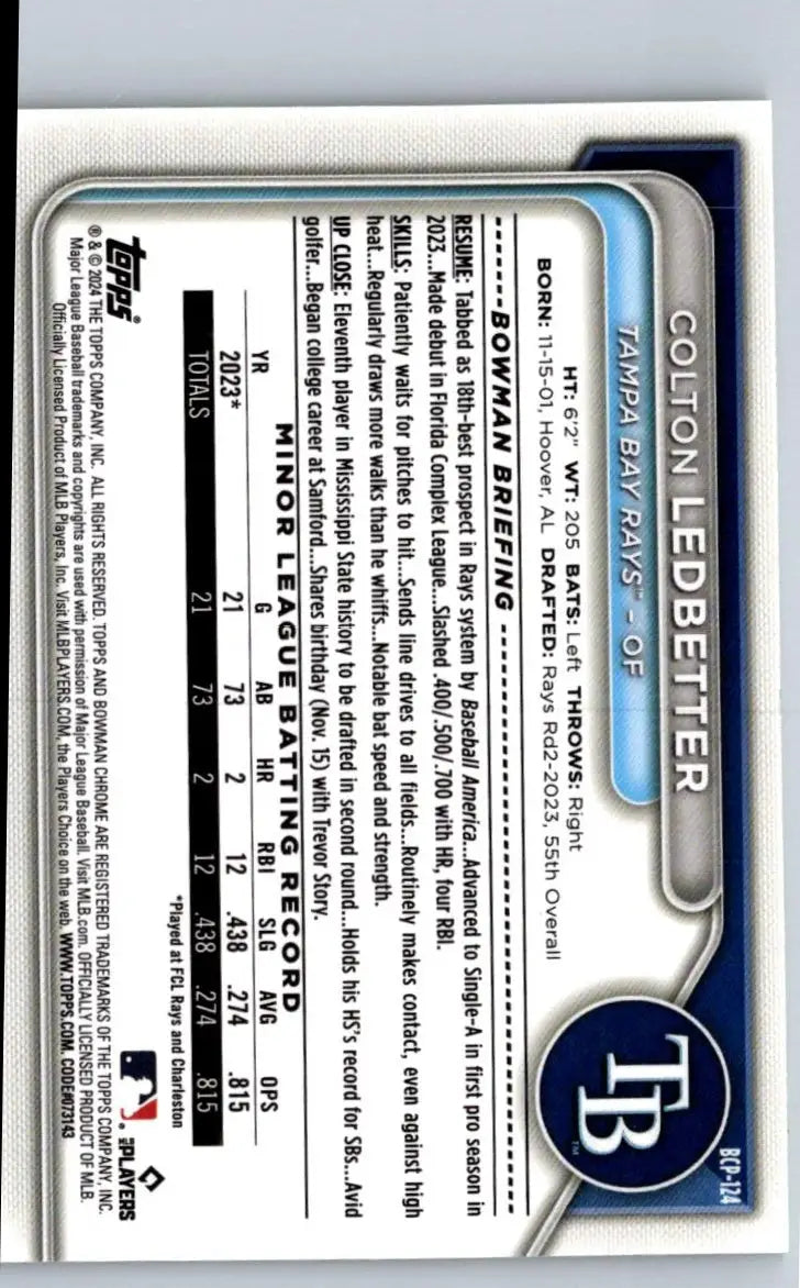 Colton Ledbetter Chrome prospects baseball card from 2024 Bowman Lava Refractors