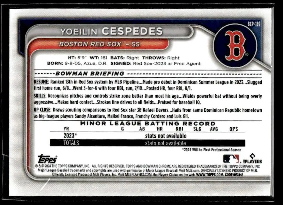 2024 Bowman #BCP-139 Yoeilin Cespedes Chrome Prospects - Baseball Card Single