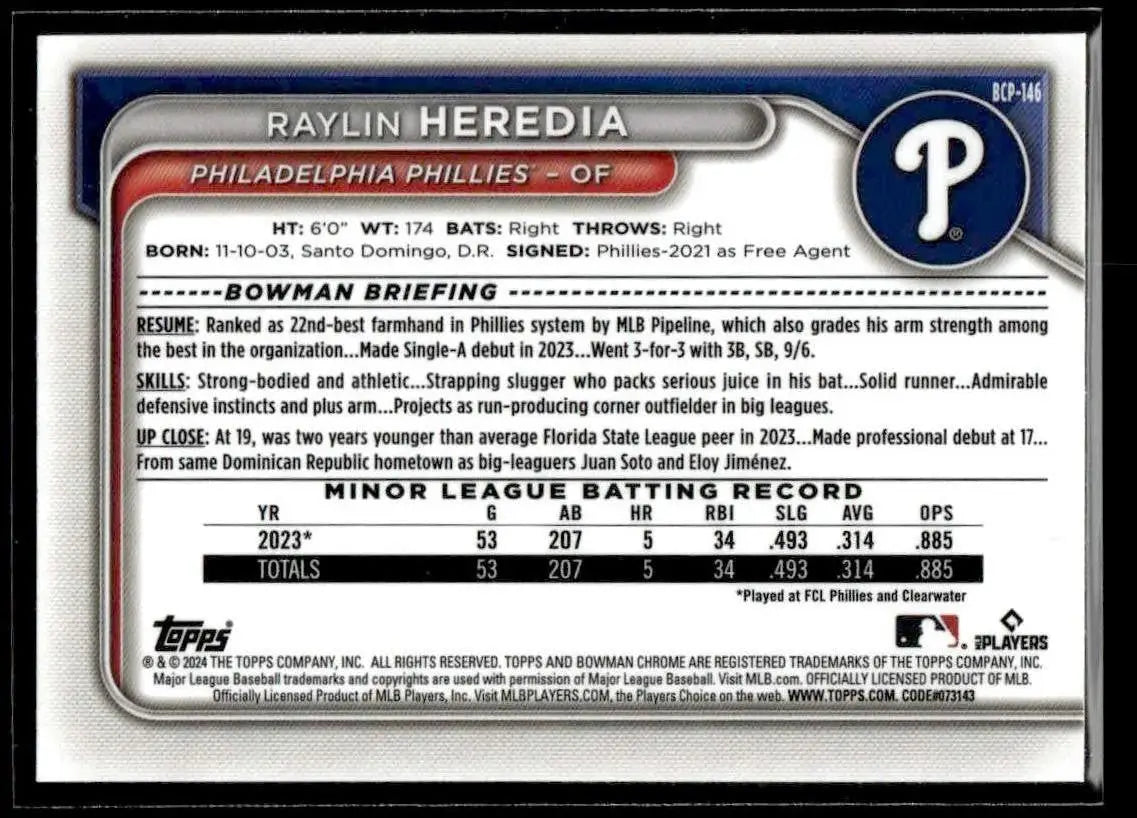 2024 Bowman #BCP-146 Raylin Heredia Chrome Prospects - Baseball Card Single