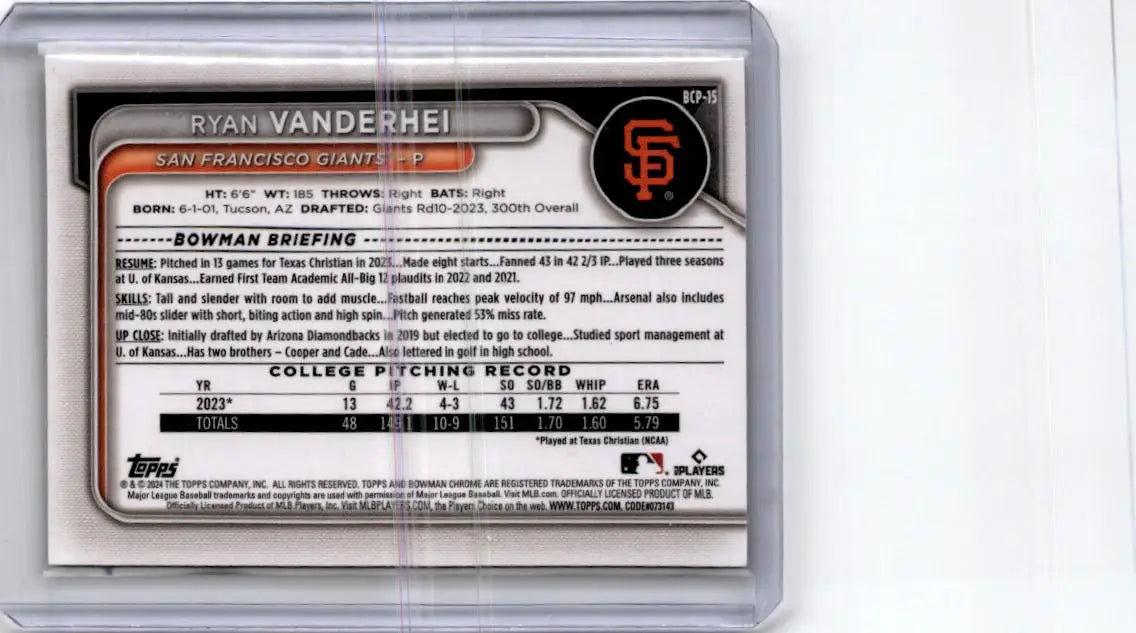 2024 Bowman #BCP-15 Ryan Vanderhei Chrome Prospects - Baseball Card Single
