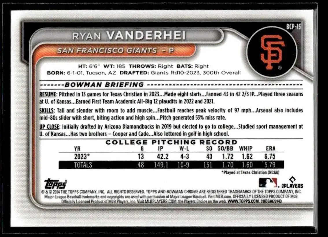 2024 Bowman #BCP-15 Ryan Vanderhei Chrome Prospects - Baseball Card Single