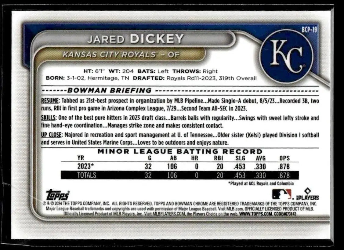 2024 Bowman #BCP-19 Jared Dickey Chrome Prospects - Baseball Card Single