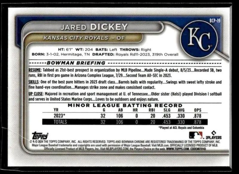 2024 Bowman #BCP-19 Jared Dickey Chrome Prospects - Baseball Card Single