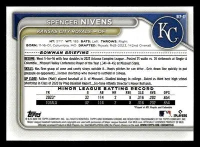 2024 Bowman #BCP-37 Spencer Nivens Chrome Prospects - Baseball Card Single