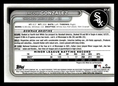 2024 Bowman #BCP-41 Jacob Gonzalez Chrome Prospects - Baseball Card Single