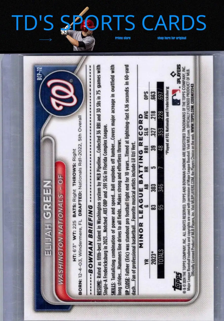 Baseball card back of Elijah Green Prospects Fuchsia Lunar Glow Refractors 2024 Bowman