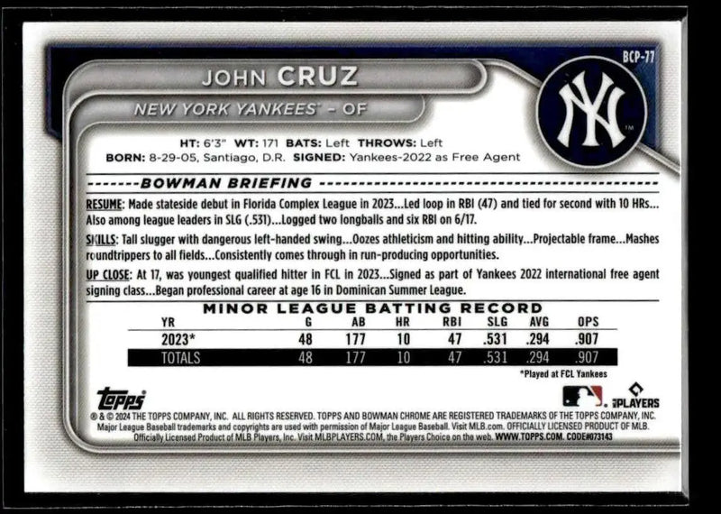 2024 Bowman #BCP-77 John Cruz Chrome Prospects - Baseball Card Single