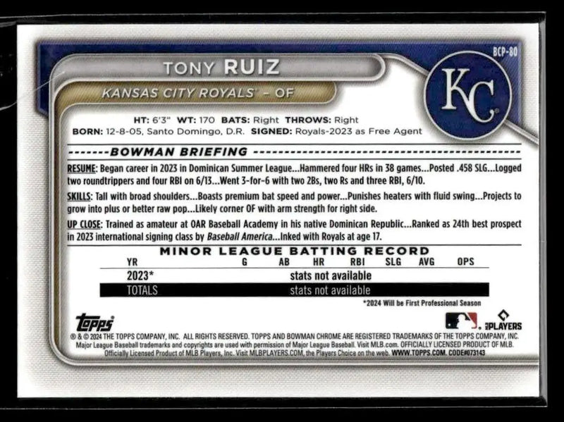2024 Bowman #BCP-80 Tony Ruiz Chrome Prospects - Baseball Card Single
