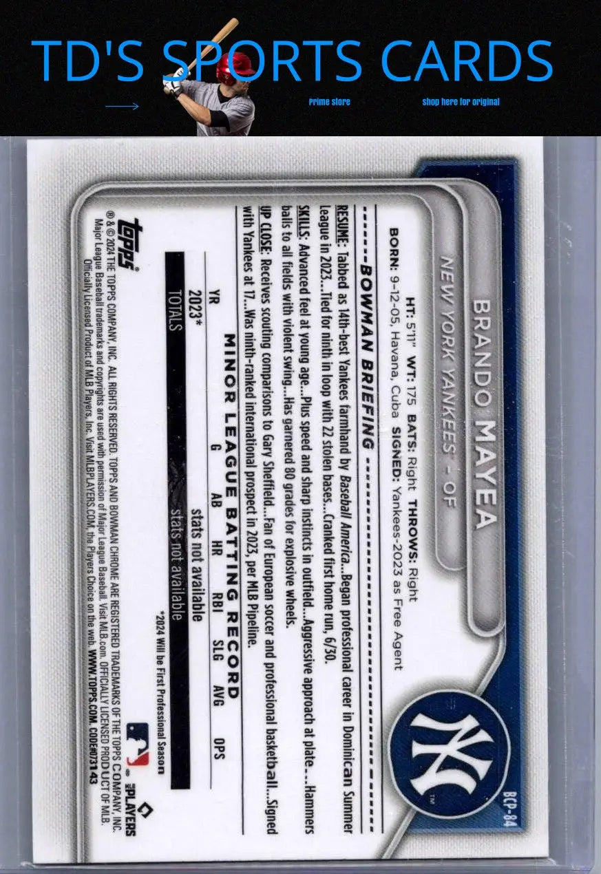 Brando Mayea Chrome Prospects baseball card from 2024 Bowman #BCP-84 featuring Brando Mayea