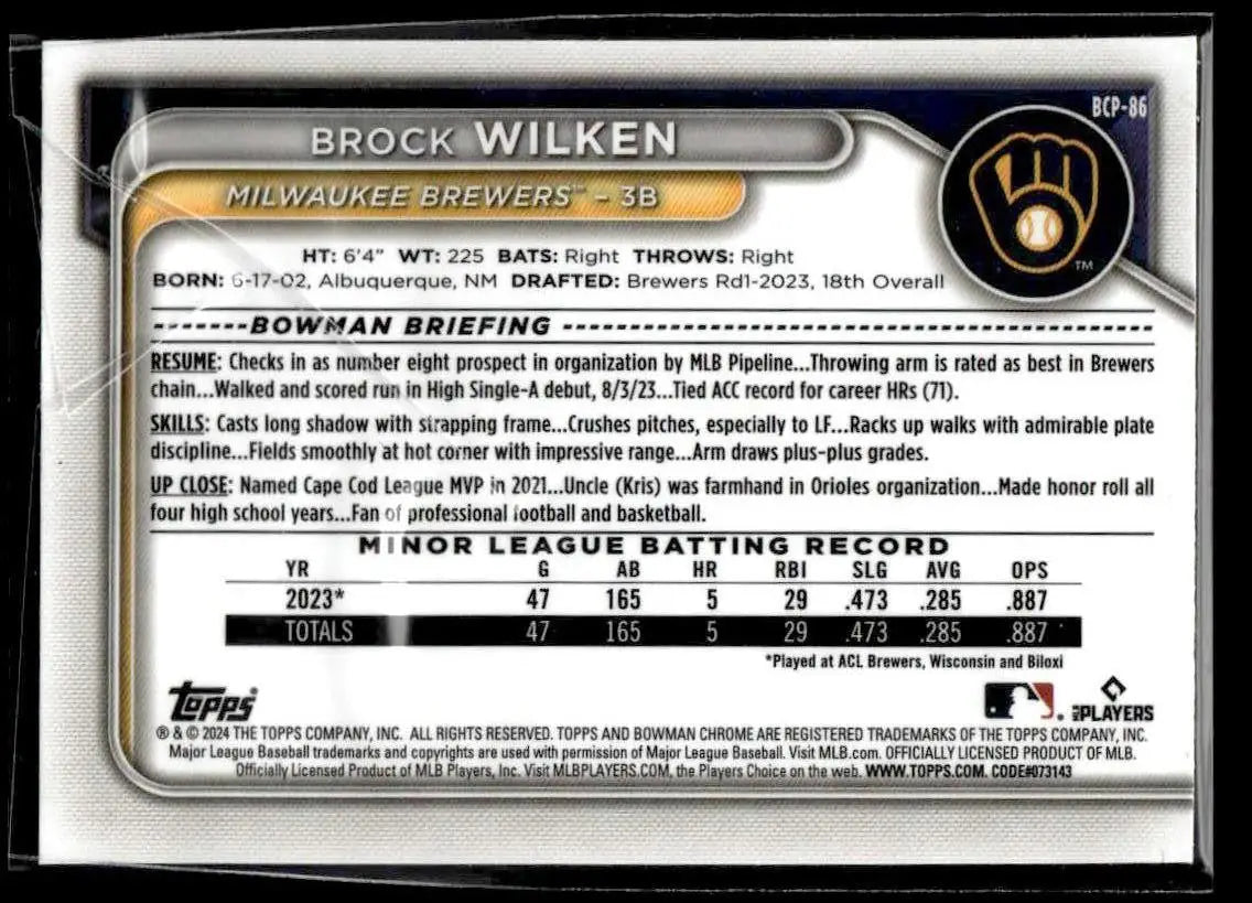 2024 Bowman #BCP-86 Brock Wilken Chrome Prospects - Baseball Card Single