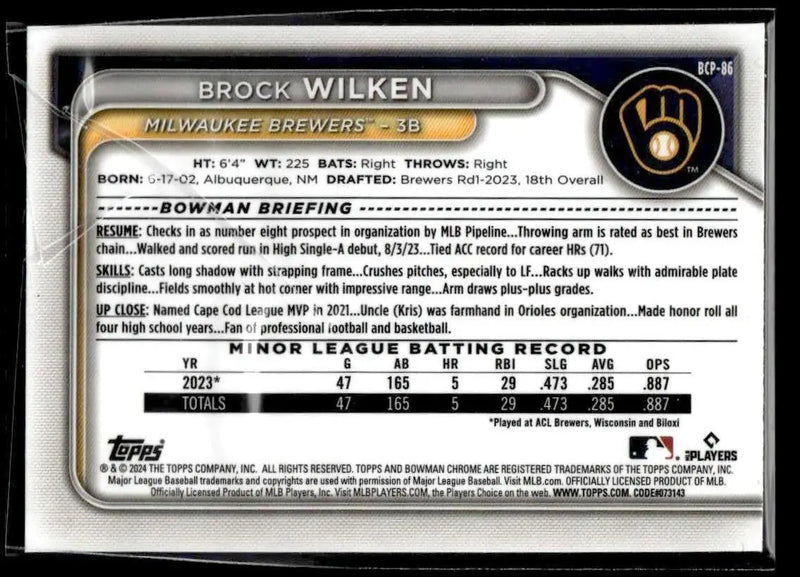 2024 Bowman #BCP-86 Brock Wilken Chrome Prospects - Baseball Card Single