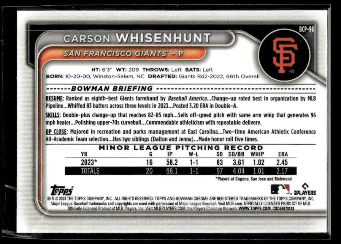 2024 Bowman #BCP-96 Carson Whisenhunt Chrome Prospects - Baseball Card Single