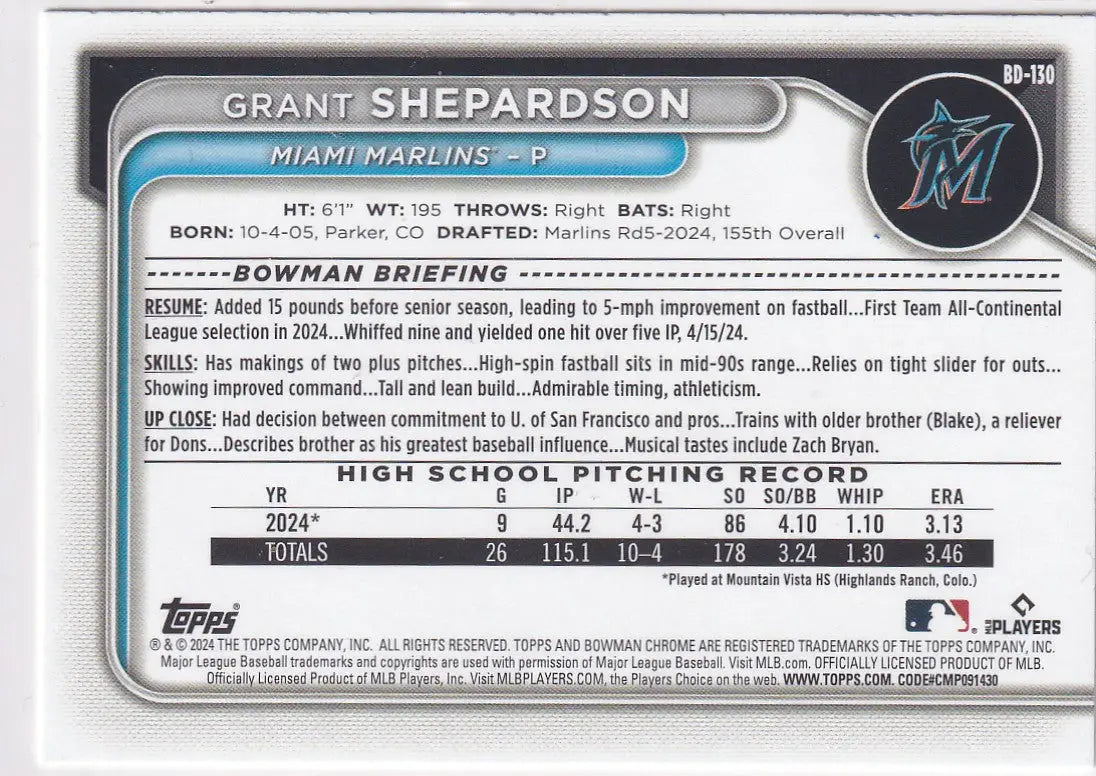 2024 BOWMAN #BD-130 GRANT SHEPARDSON- MIAMI MARLINS - Baseball Card Single
