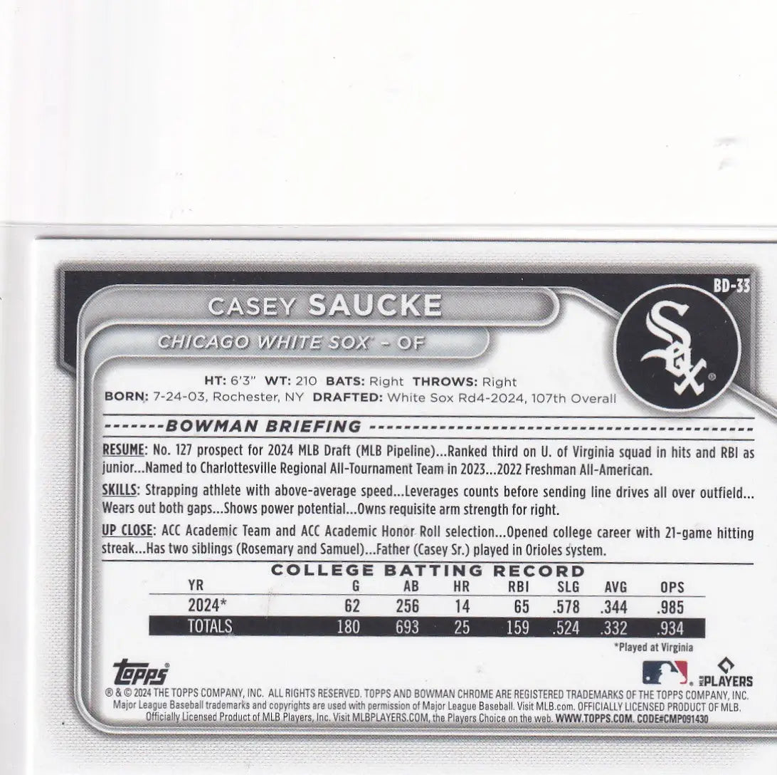 2024 BOWMAN #BD-33 CASEY SAUCKE- CHICAGO WHITE SOX - Baseball Card Single