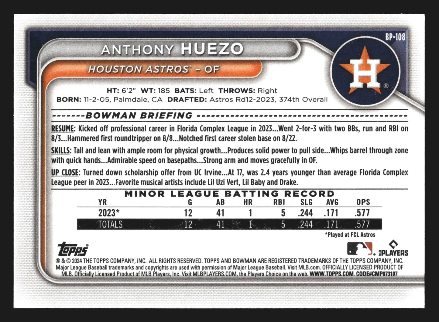 2024 Bowman #BP-108 Anthony Huezo Astros 1st Bowman - Baseball Card Single