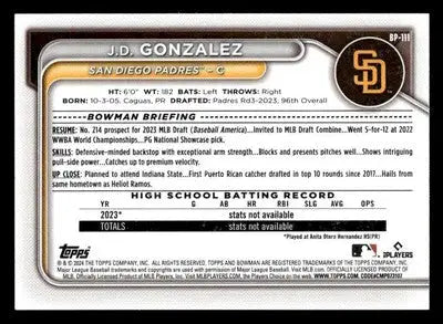 2024 Bowman #BP-111 J.D. Gonzalez Prospects - Baseball Card Single