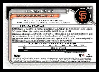 2024 Bowman #BP-127 Rayner Arias Prospects - Baseball Card Single