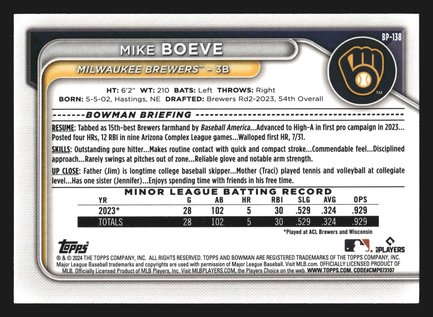 2024 Bowman #BP-138 Mike Boeve Milwaukee Brewers Prospect - Baseball Card Single