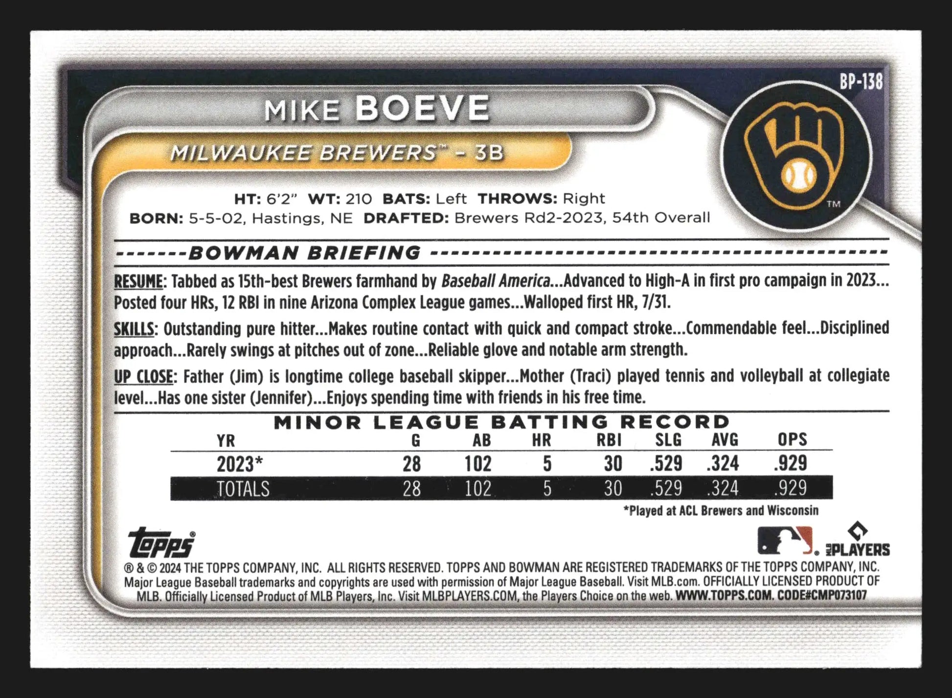 2024 Bowman #BP-138 Mike Boeve Milwaukee Brewers Prospect - Baseball Card Single