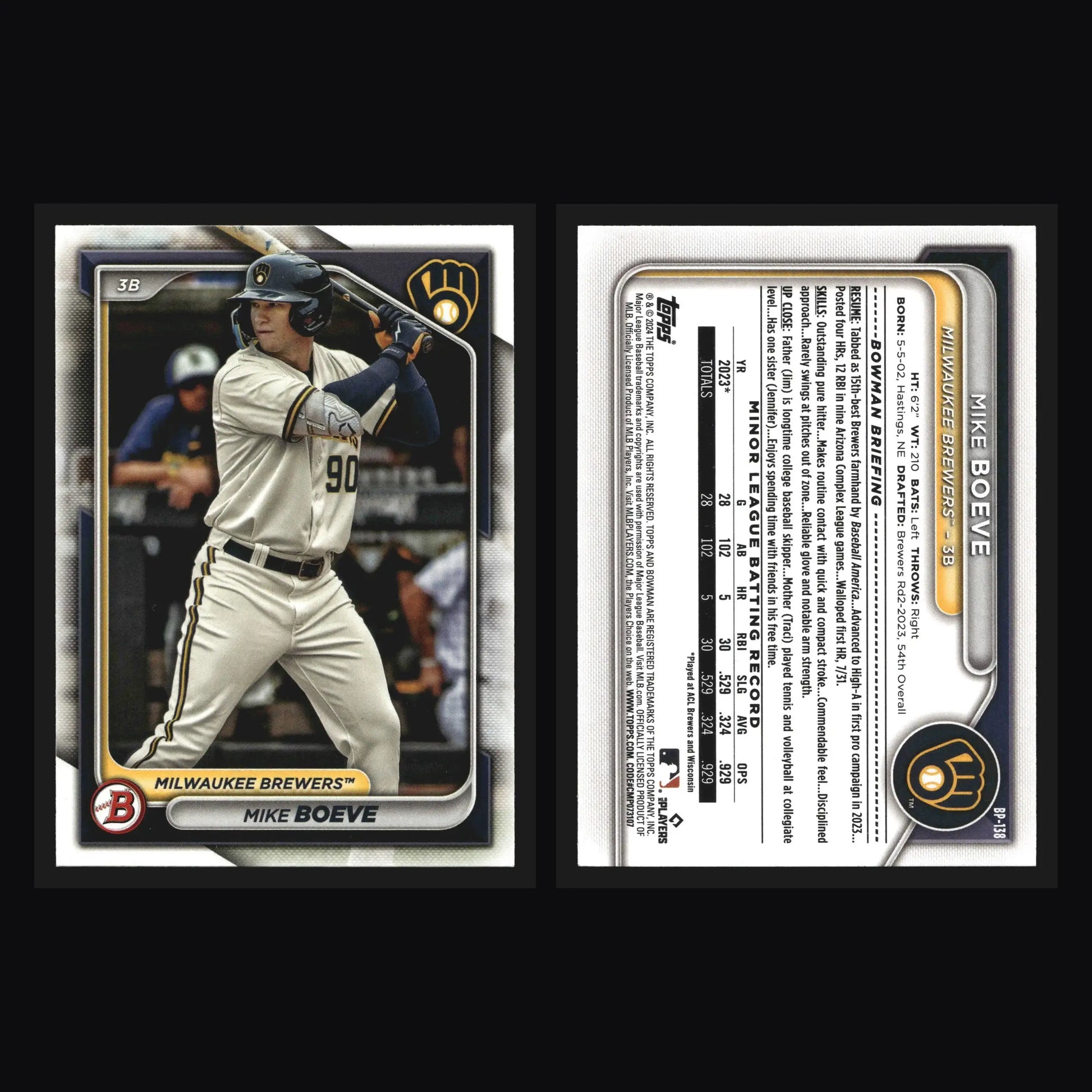 2024 Bowman #BP-138 Mike Boeve Milwaukee Brewers Prospect - Baseball Card Single
