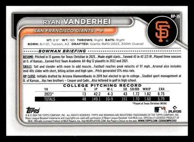 2024 Bowman #BP-15 Ryan Vanderhei Prospects - Baseball Card Single