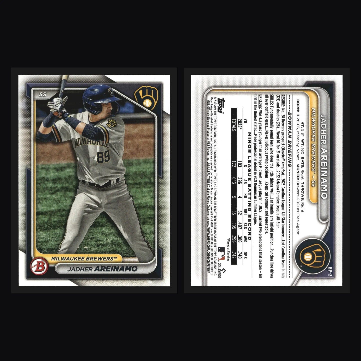 2024 Bowman #BP-2 Jadher Areinamo Milwaukee Brewers Prospect - Baseball Card Single