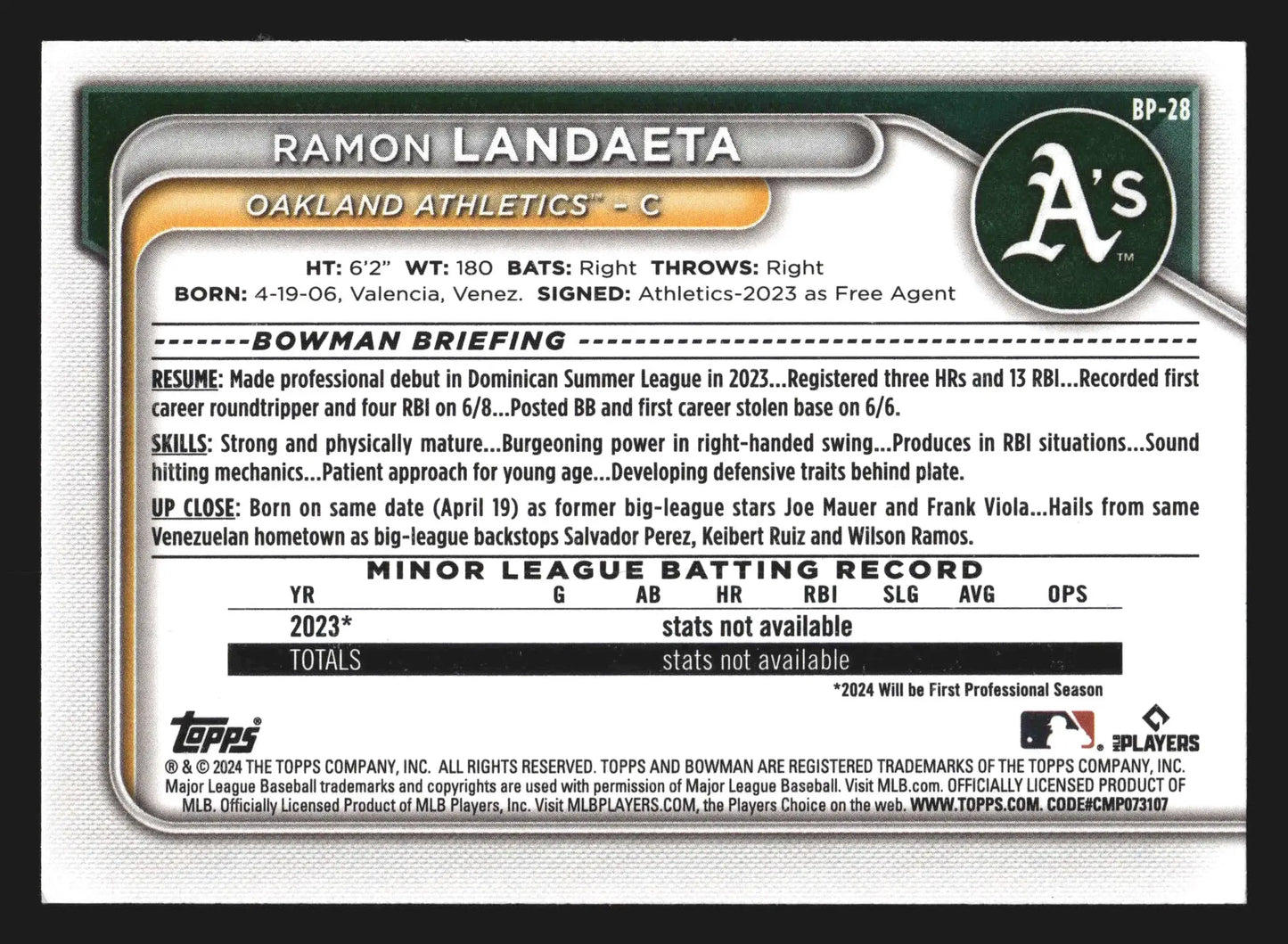 2024 Bowman #BP-28 Ramon Landaeta Athletics 1st Bowman