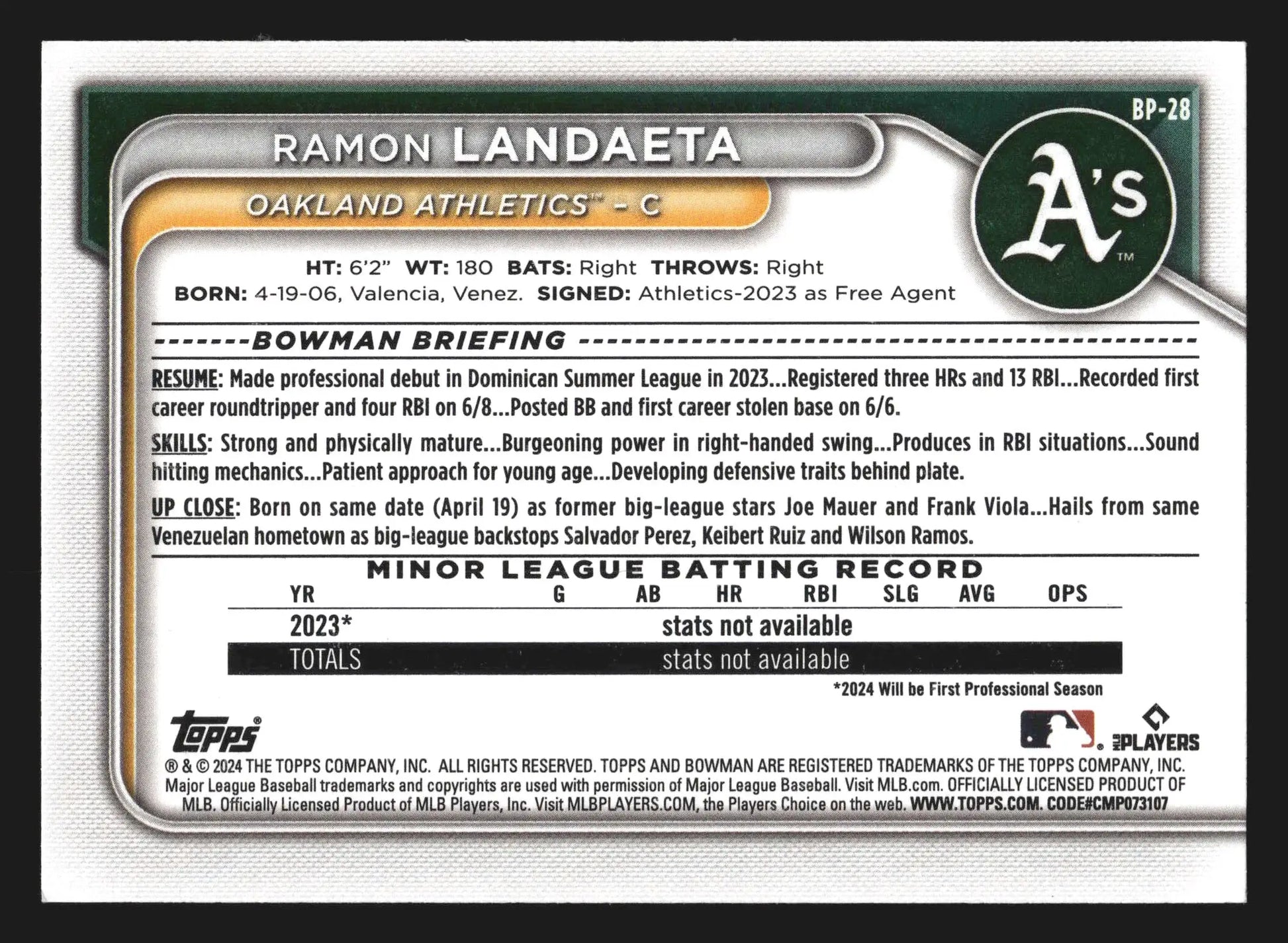 2024 Bowman #BP-28 Ramon Landaeta Athletics 1st Bowman