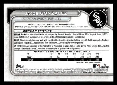 2024 Bowman #BP-41 Jacob Gonzalez Prospects - Baseball Card Single