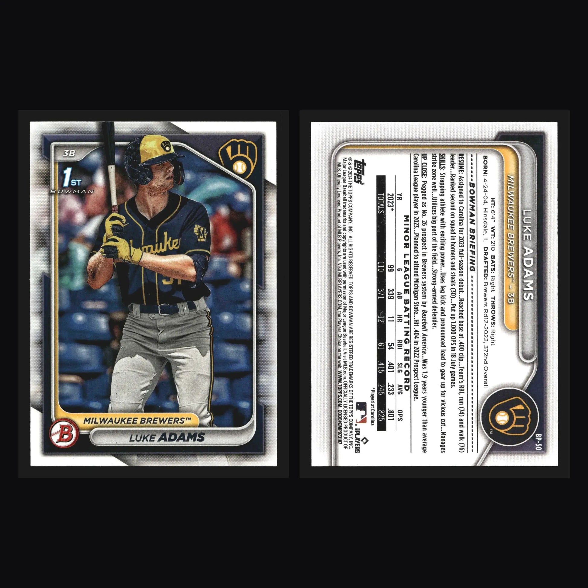 2024 Bowman #BP-50 Luke Adams 1st Bowman Milwaukee Brewers Prospect - Baseball Card Single