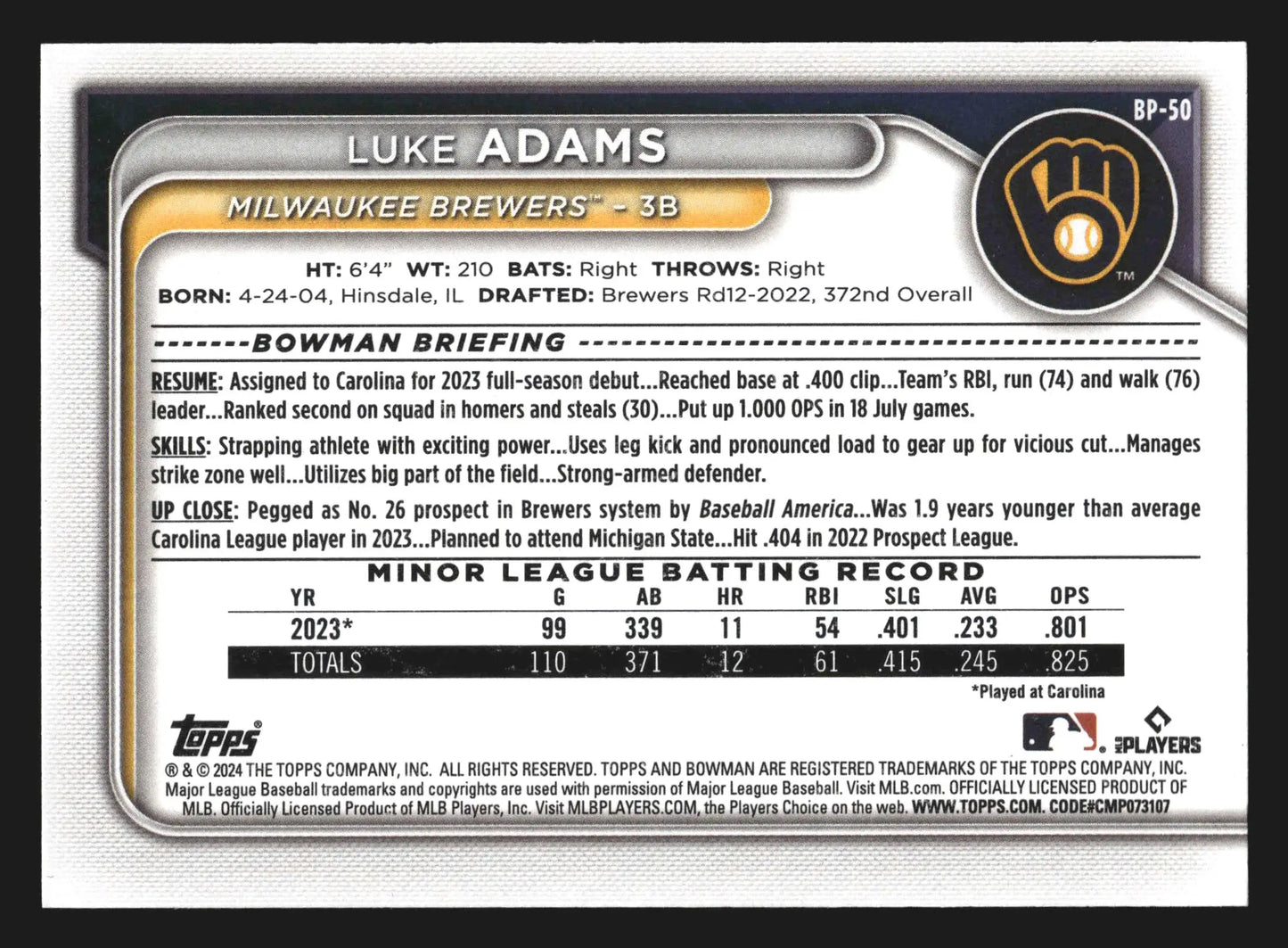 2024 Bowman #BP-50 Luke Adams 1st Bowman Milwaukee Brewers Prospect - Baseball Card Single