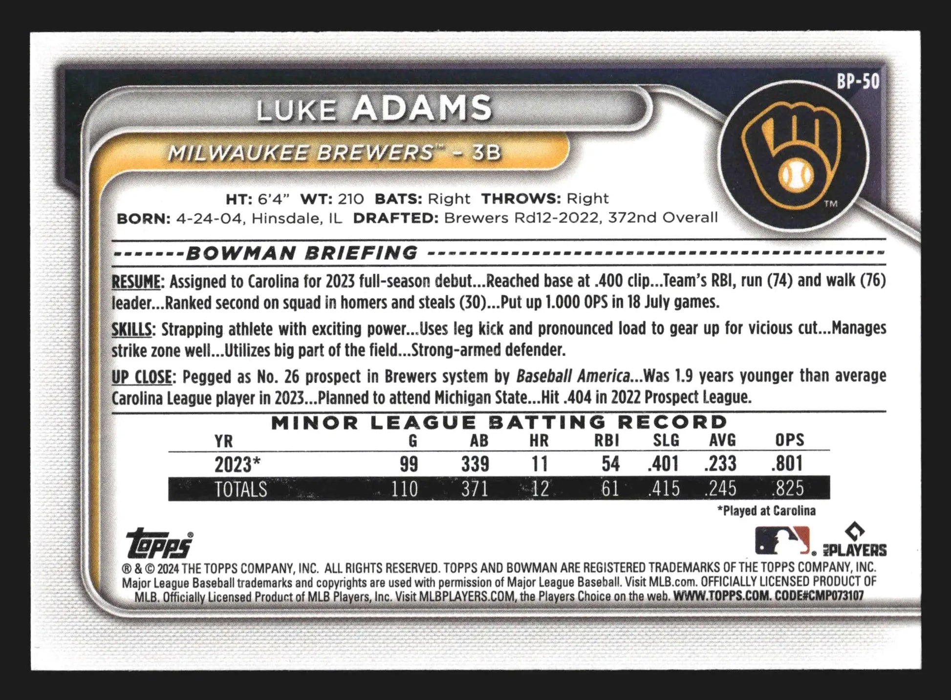 2024 Bowman #BP-50 Luke Adams 1st Bowman Milwaukee Brewers Prospect - Baseball Card Single