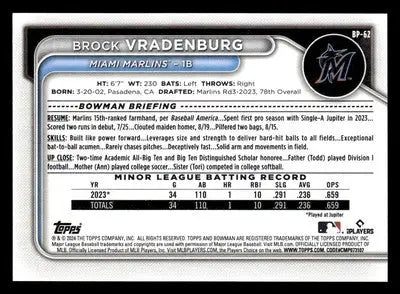 2024 Bowman #BP-62 Brock Vradenburg Prospects - Baseball Card Single