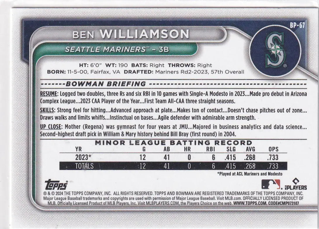 2024 BOWMAN #BP-67 BEN WILLIAMSON- SEATTLE MARINERS - Baseball Card Single
