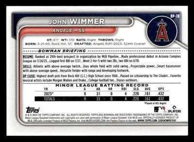 2024 Bowman #BP-78 John Wimmer Prospects - Baseball Card Single