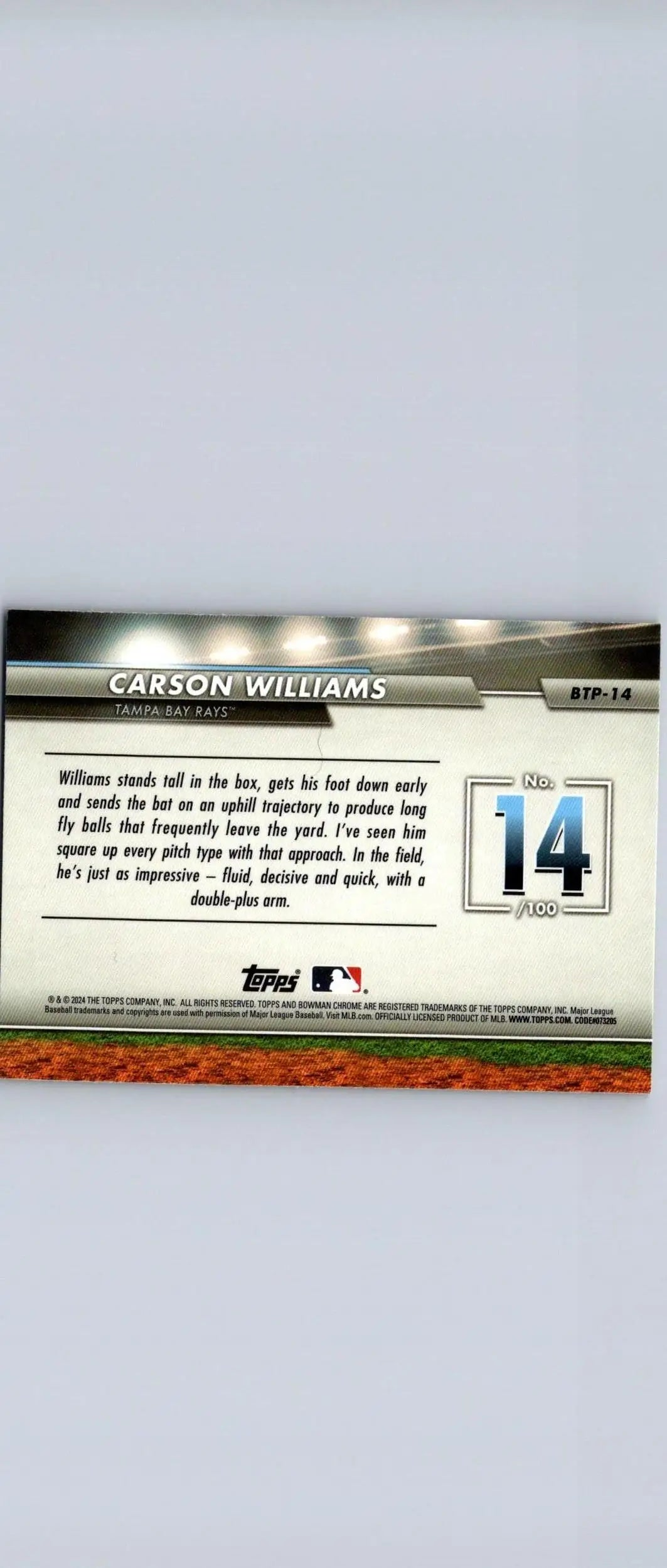 2024 Bowman #BTP-14 Carson Williams Bowman Scouts Top 100 baseball card display