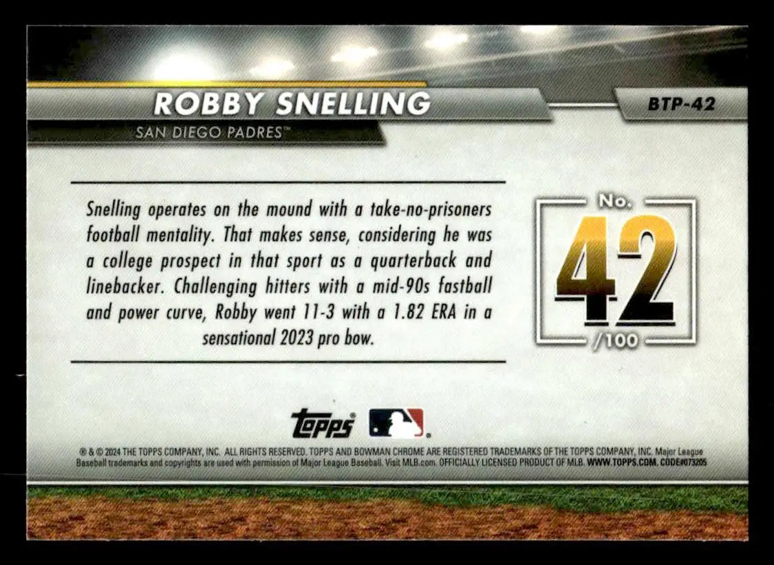 2024 Bowman #BTP-42 Robby Snelling Bowman Scouts’ Top 100 - Baseball Card Single